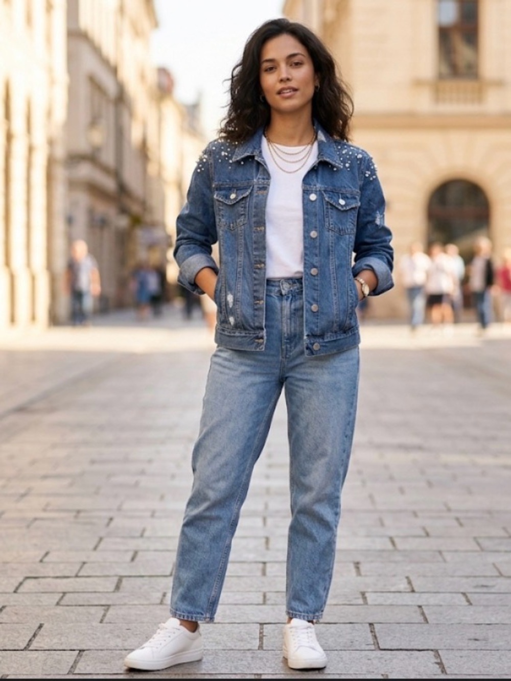 Pilcro women’s Blue Denim Jacket with Pearl Shoulder Embellishments.  Size S.